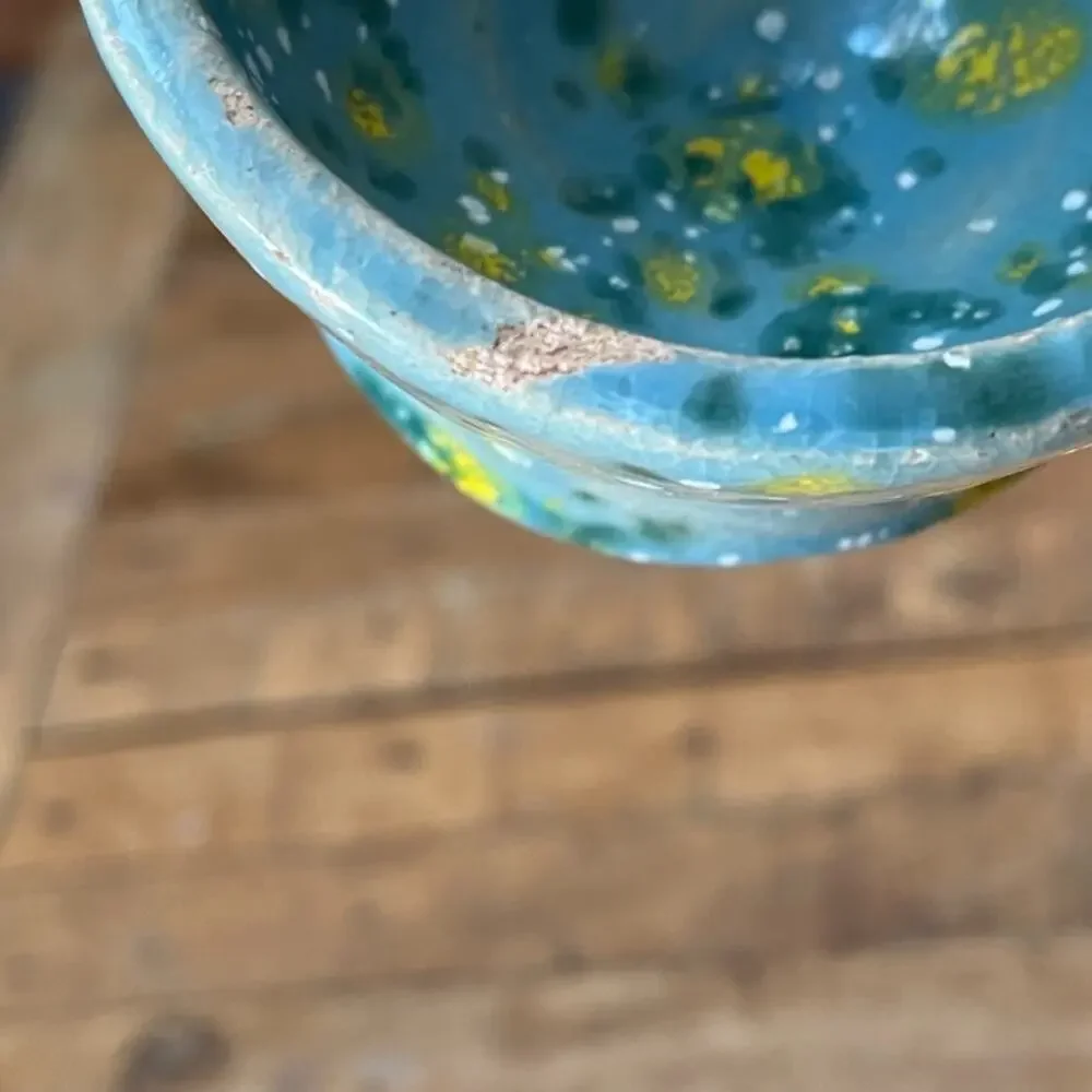 Handmade Clay Pottery Bowl Blue Yellow Speckled Crackle Glaze Artist Signed